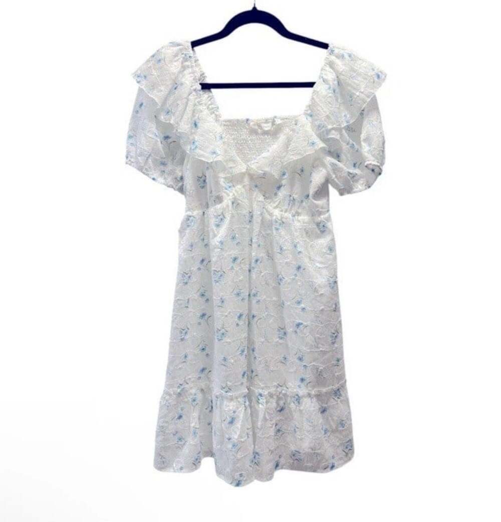 Altar'd State Kailani Boho Chic Feminine White & Blue Floral Mini Sundress-S